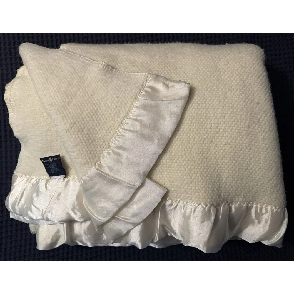 Ralph Lauren White Waffle Weave Thermal Blanket Satin Trim 90x90 Made in USA
